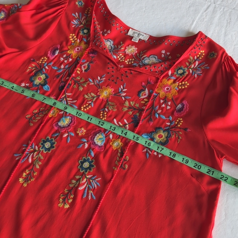 Umgee Red Peasant Embroidered Tunic Top Mini Dress Women's Size Small - Picture 4 of 9